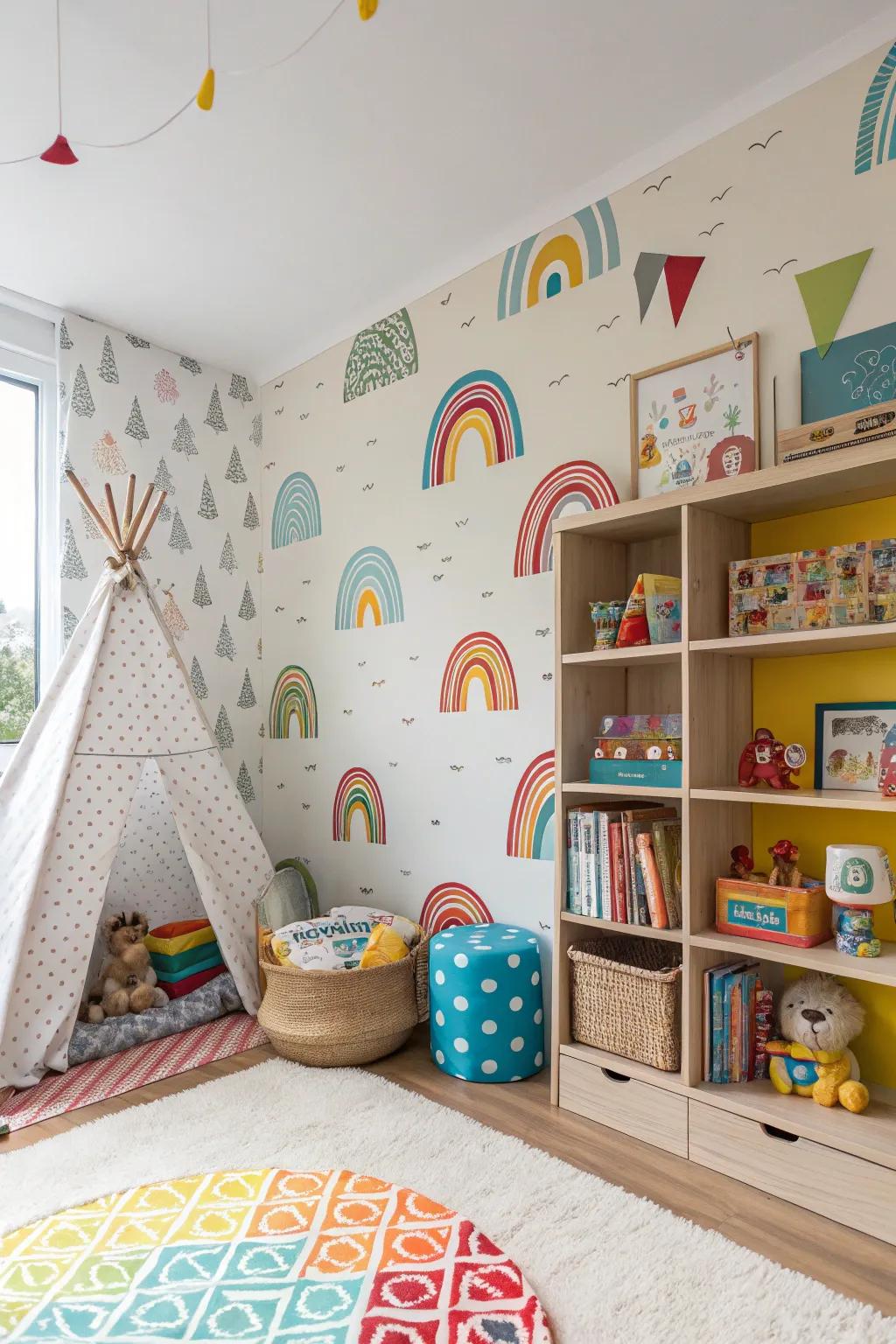 A playful wallpaper adds whimsy and fun to a child's room.