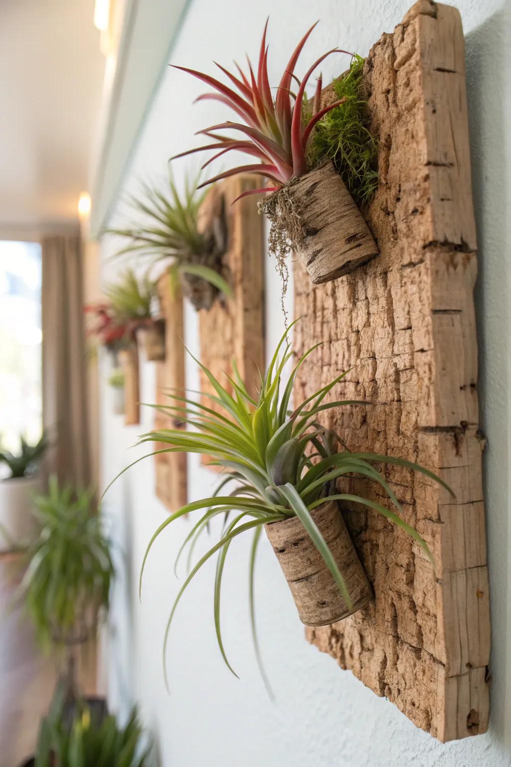 Textured cork material adorned with air plants, adding depth to the wall décor.