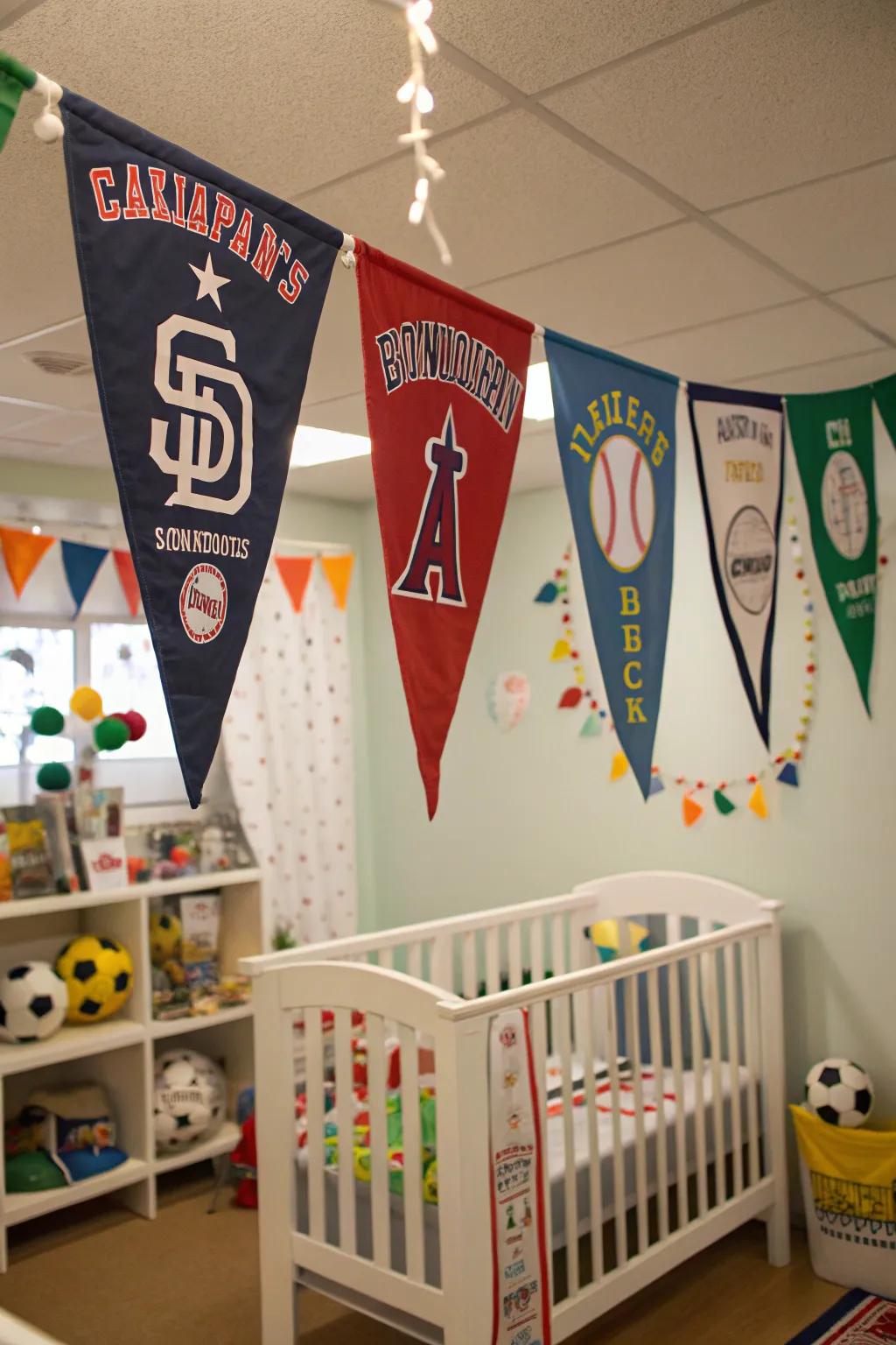 Decorative banners impart a sense of motion and vibrancy to the nursery.