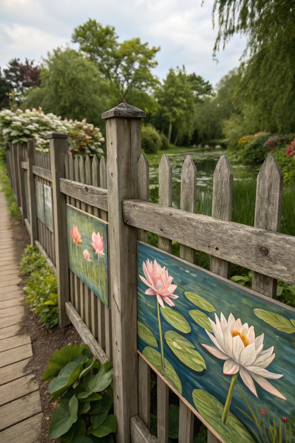 Pond blooms painted on a fence evoke a sense of calm and tranquility.