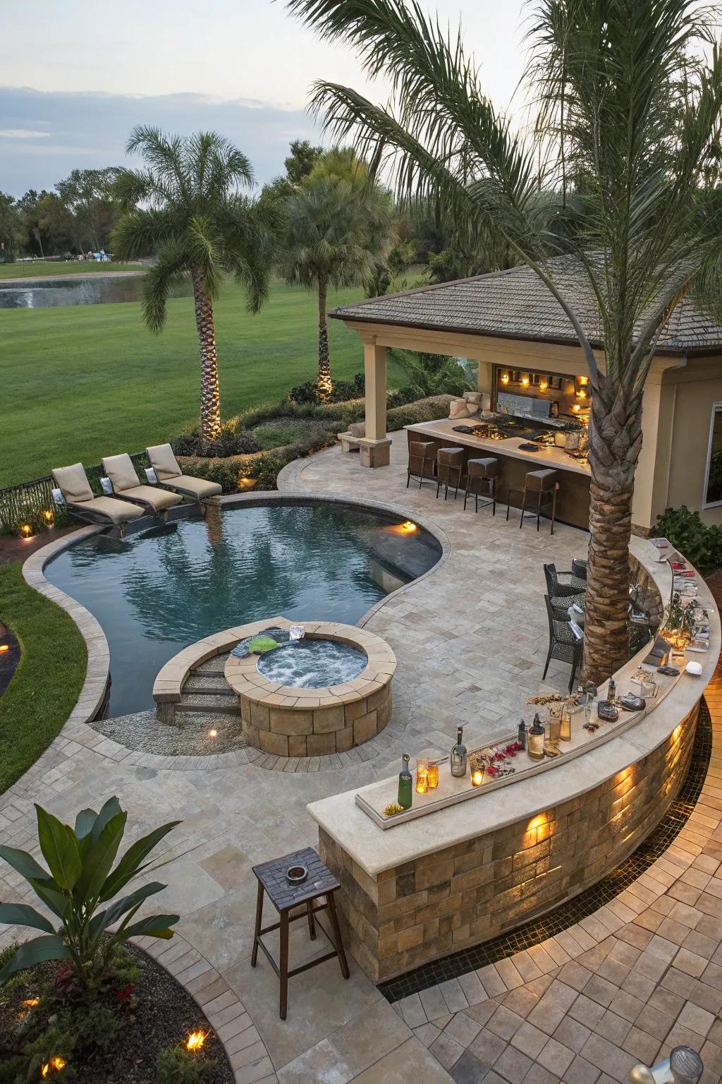 A luxurious lazy river pool with a hot tub for ultimate relaxation.