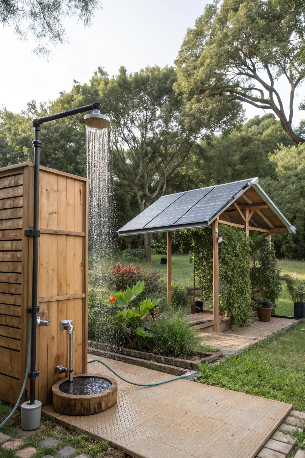 An eco-friendly outdoor shower utilizing solar power and rainwater.