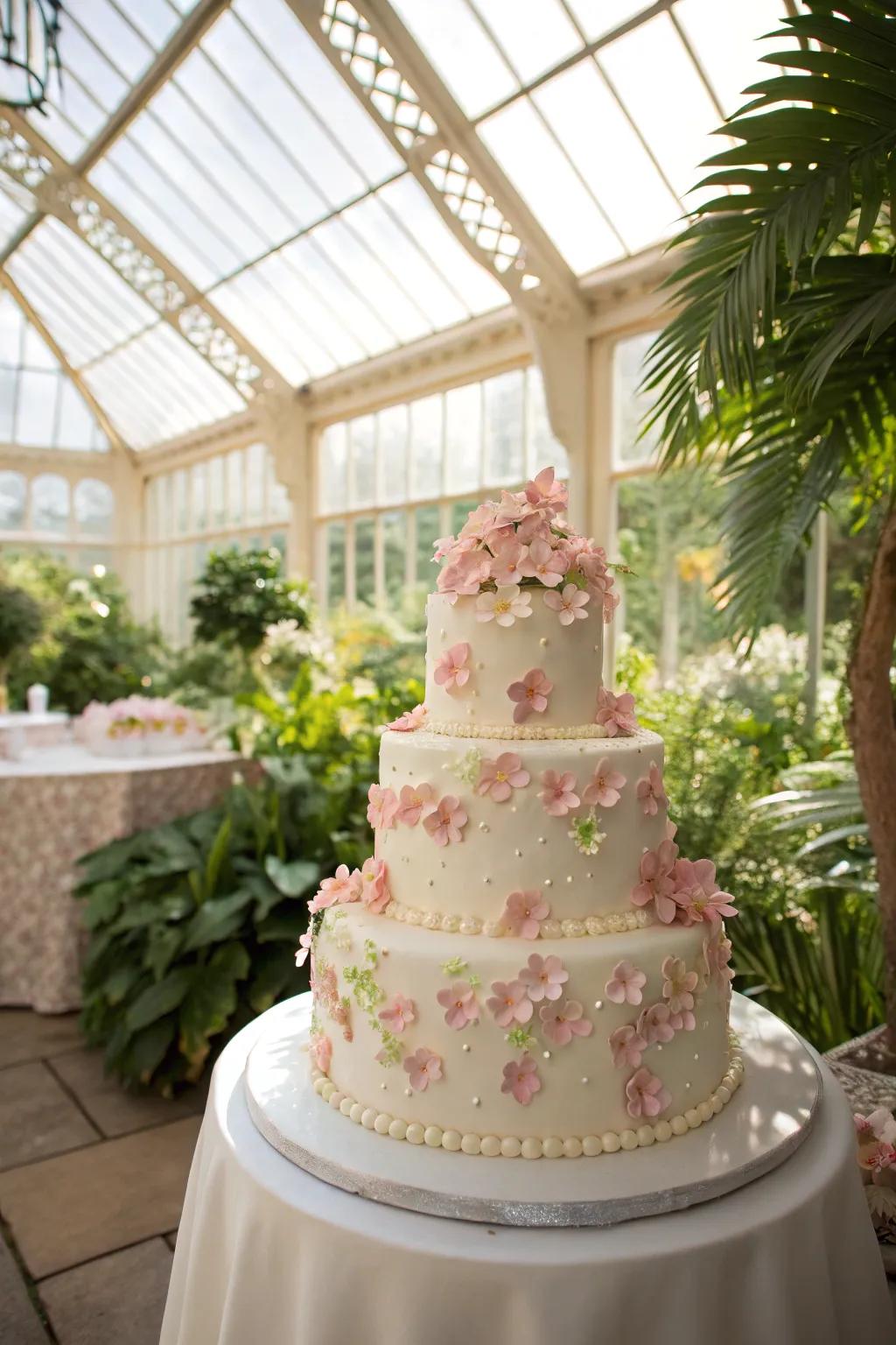 A cake adorned with sugar blossoms, creating a garden-like effect.