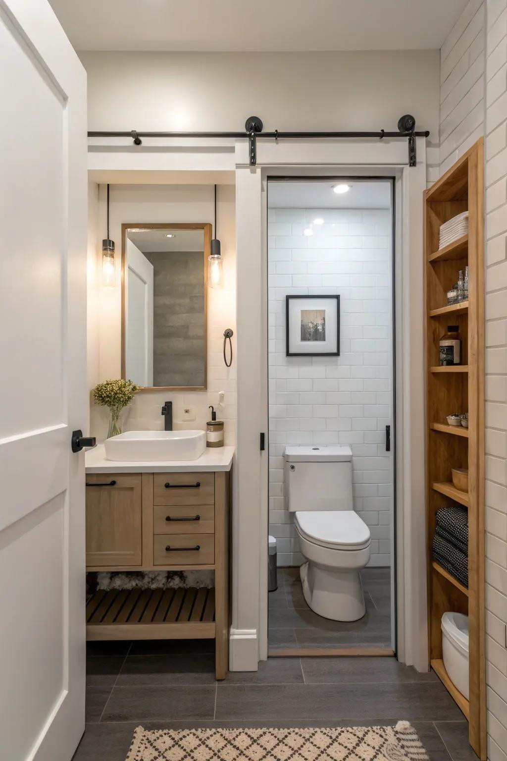 Pocket doors are ideal for maximizing space in small bathrooms.