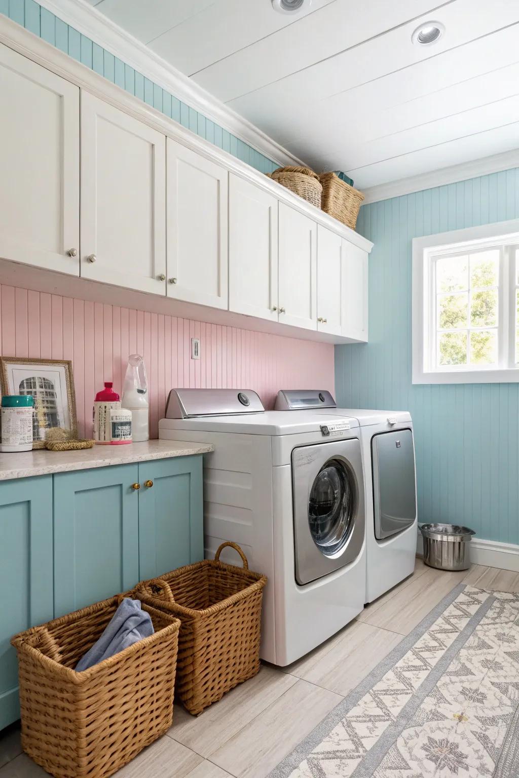 A playful laundry room with pastel beadboard walls.