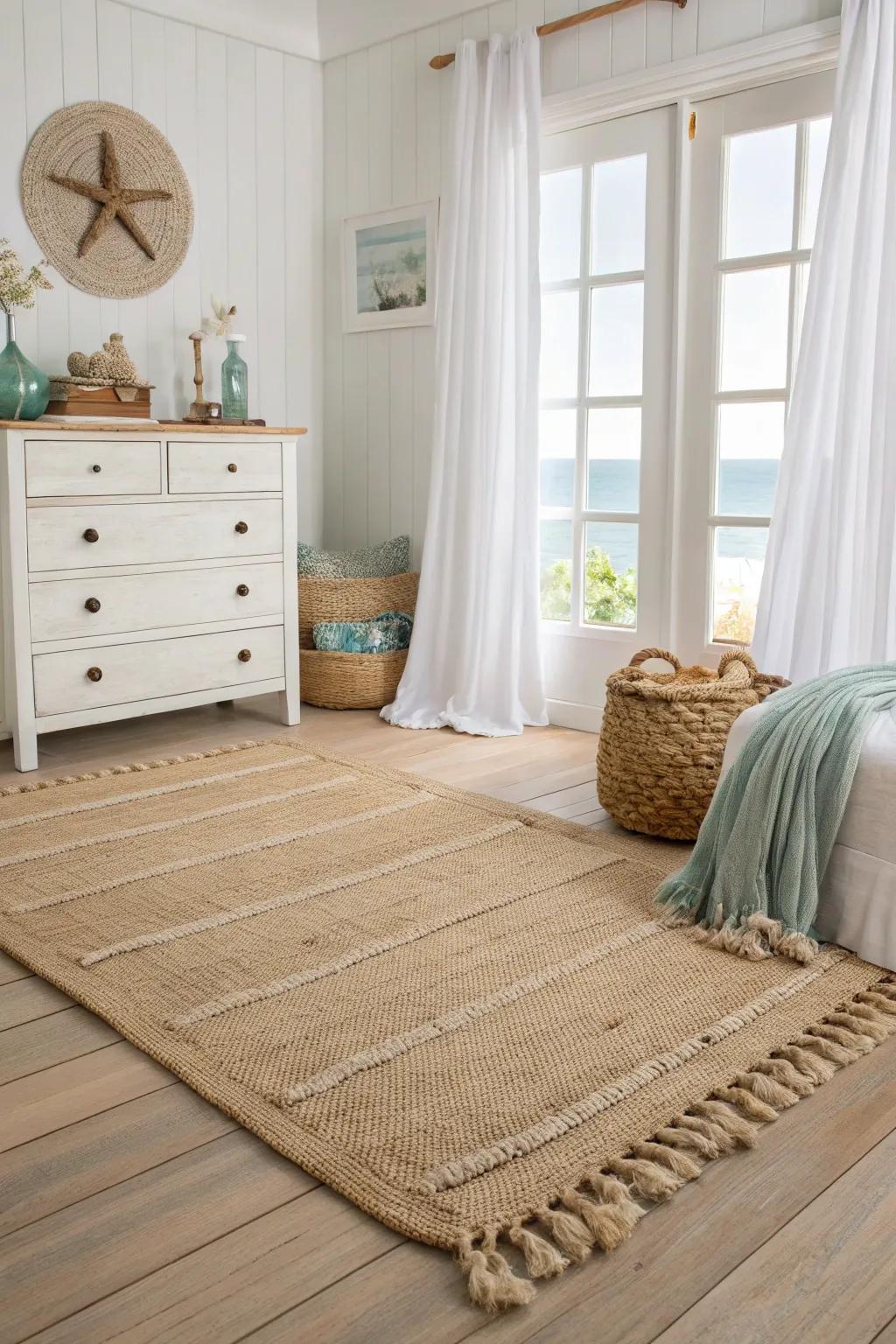 Natural fiber floor coverings enhance coastal vibes.