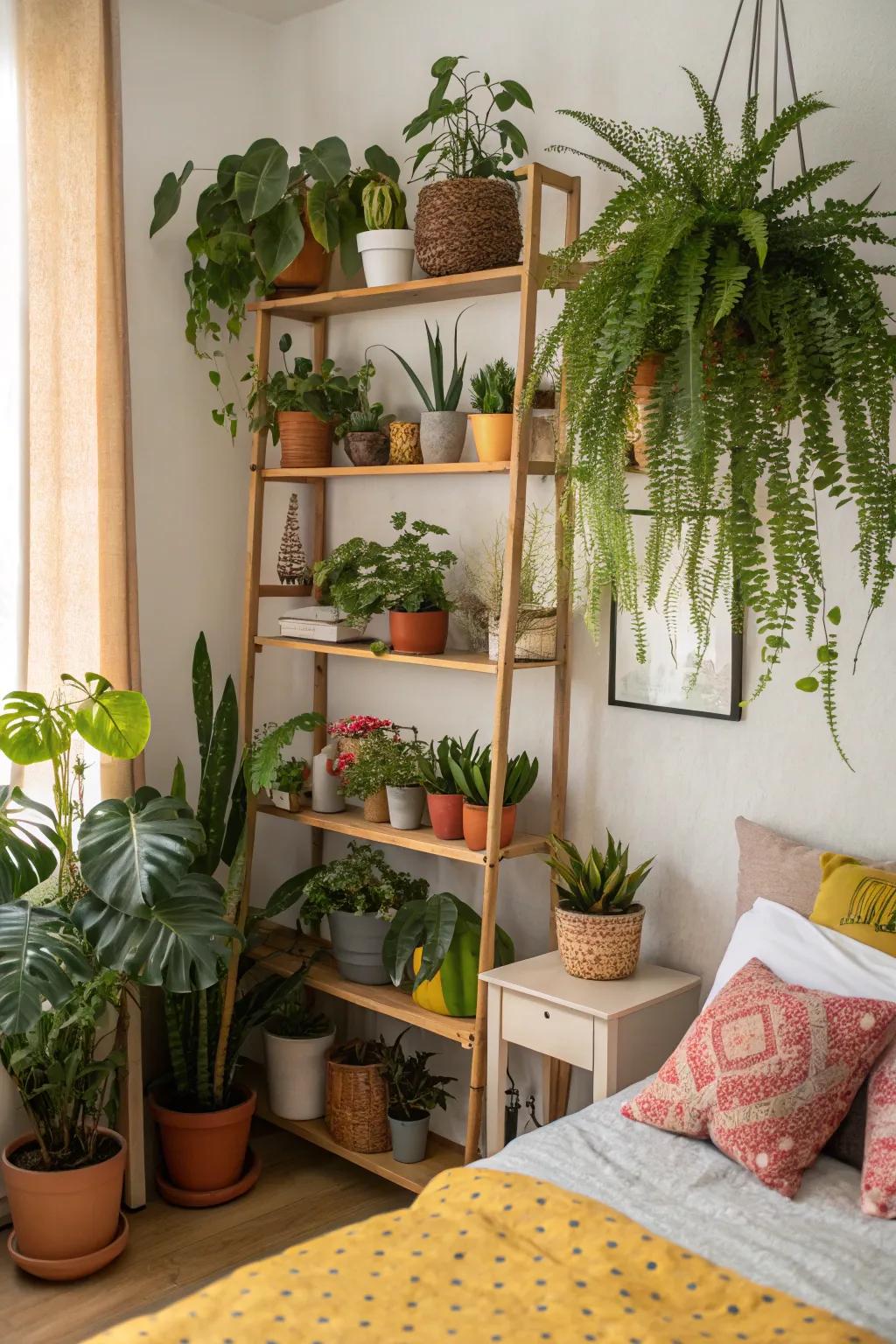 Plants bring freshness and vitality to bedroom shelves.