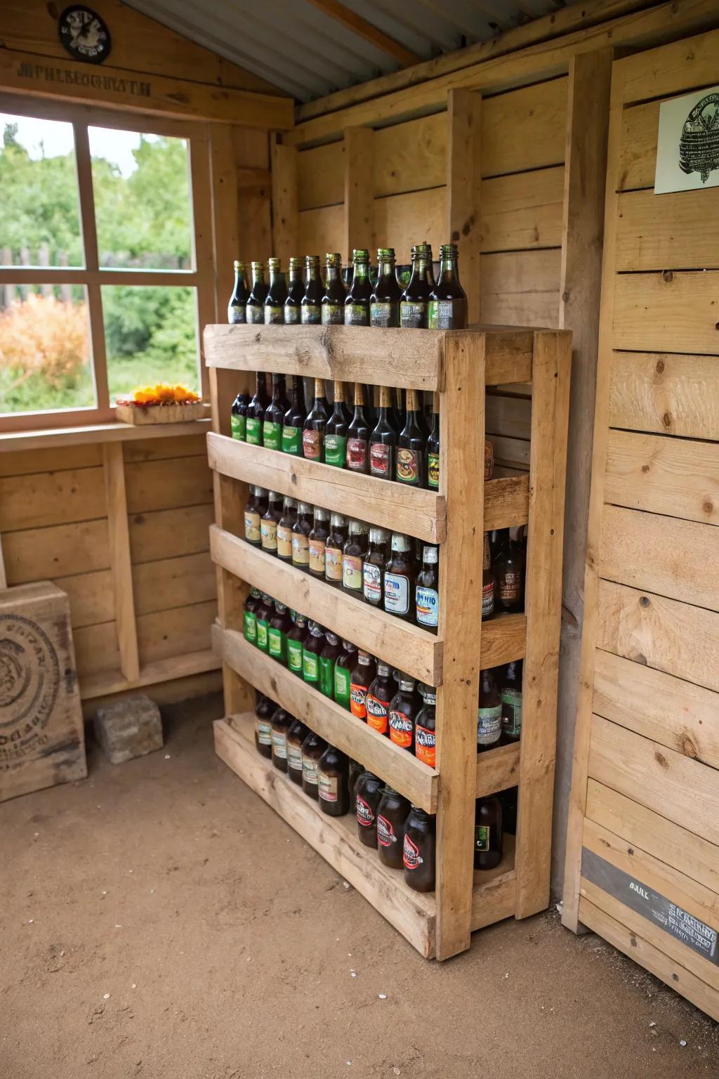 A recycled pallet stand in a garden shed holding beer bottles.