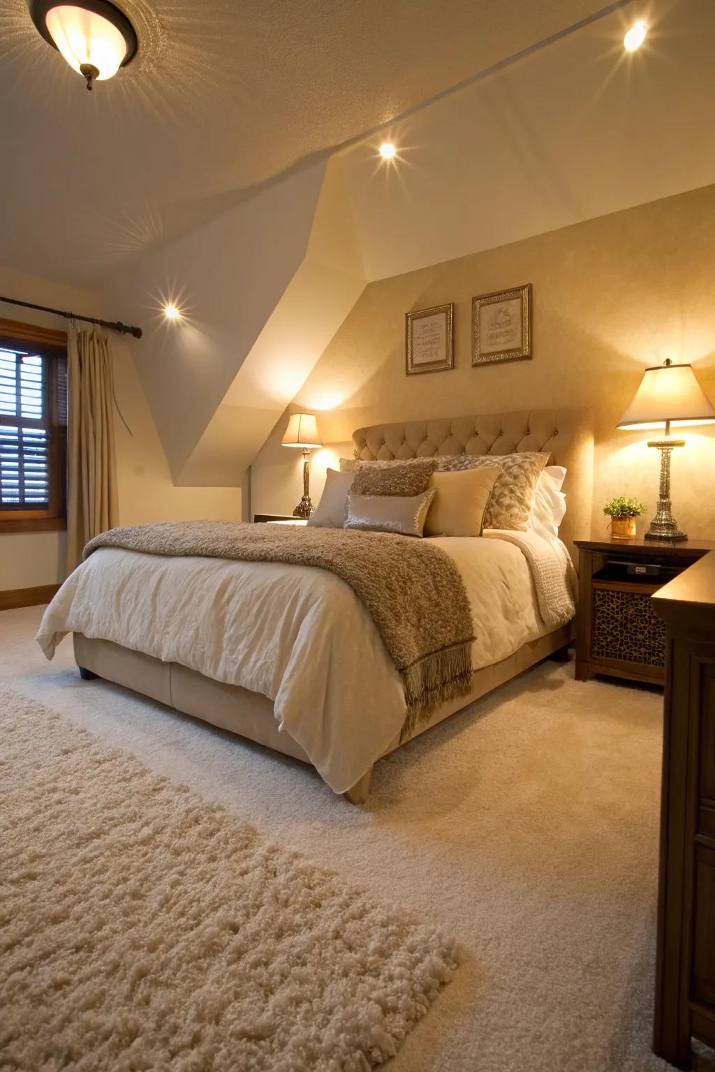 Carpet flooring makes a cozy and welcoming bedroom feel.
