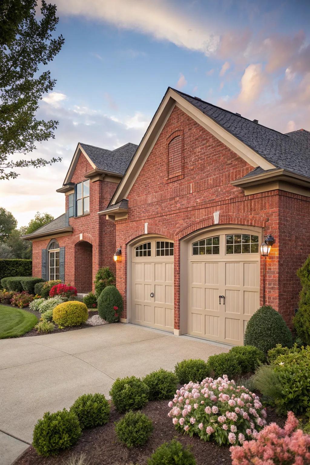 Taupe garage doors give red brick houses a subtle elegance.
