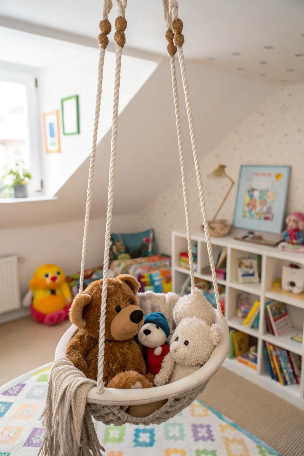 A swing offers a whimsical method to display stuffed toys.