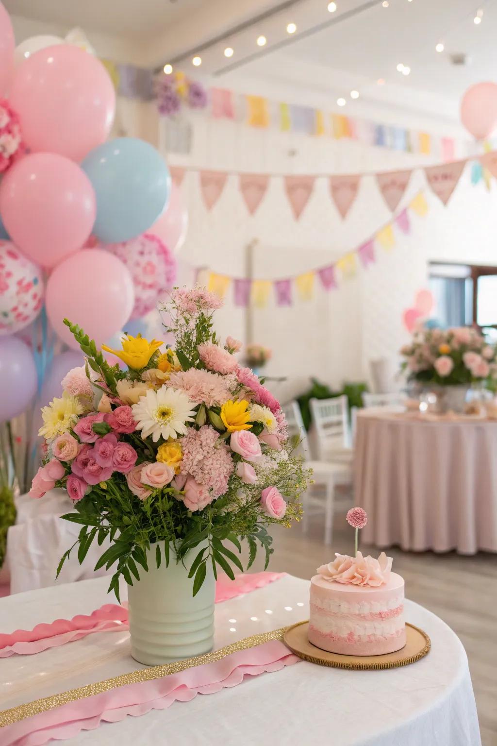 Beautiful floral accents adding elegance to a birthday party decor.