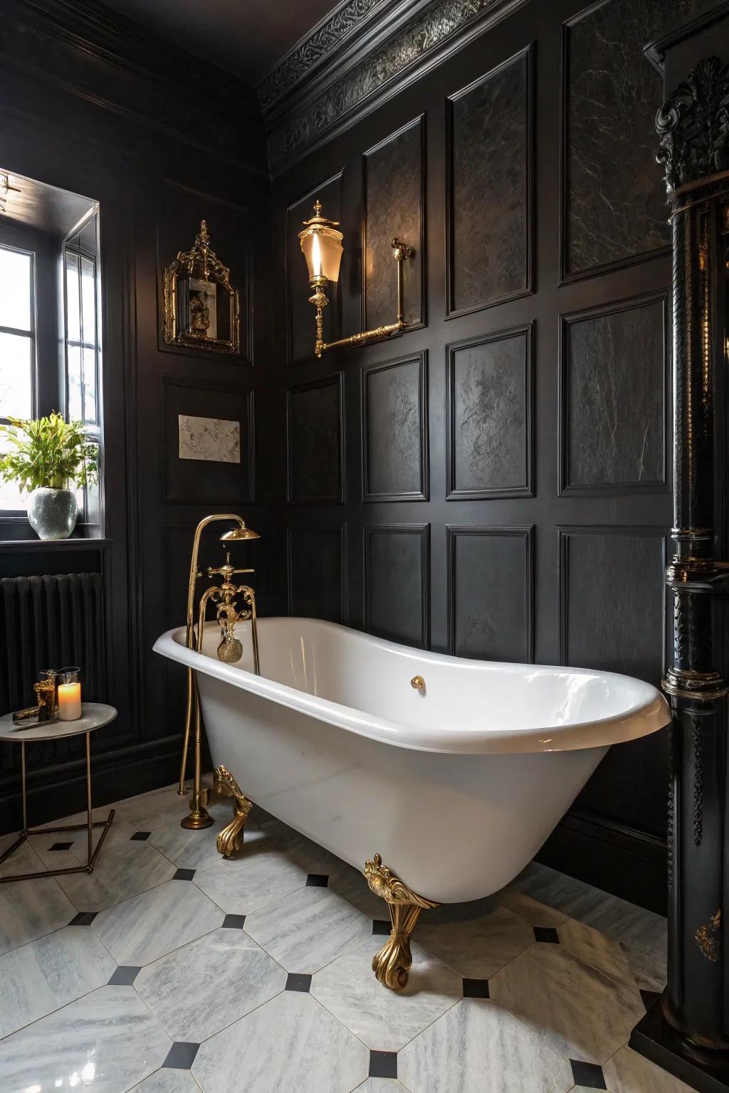 Antique accents lend a vintage charm to black bathrooms.