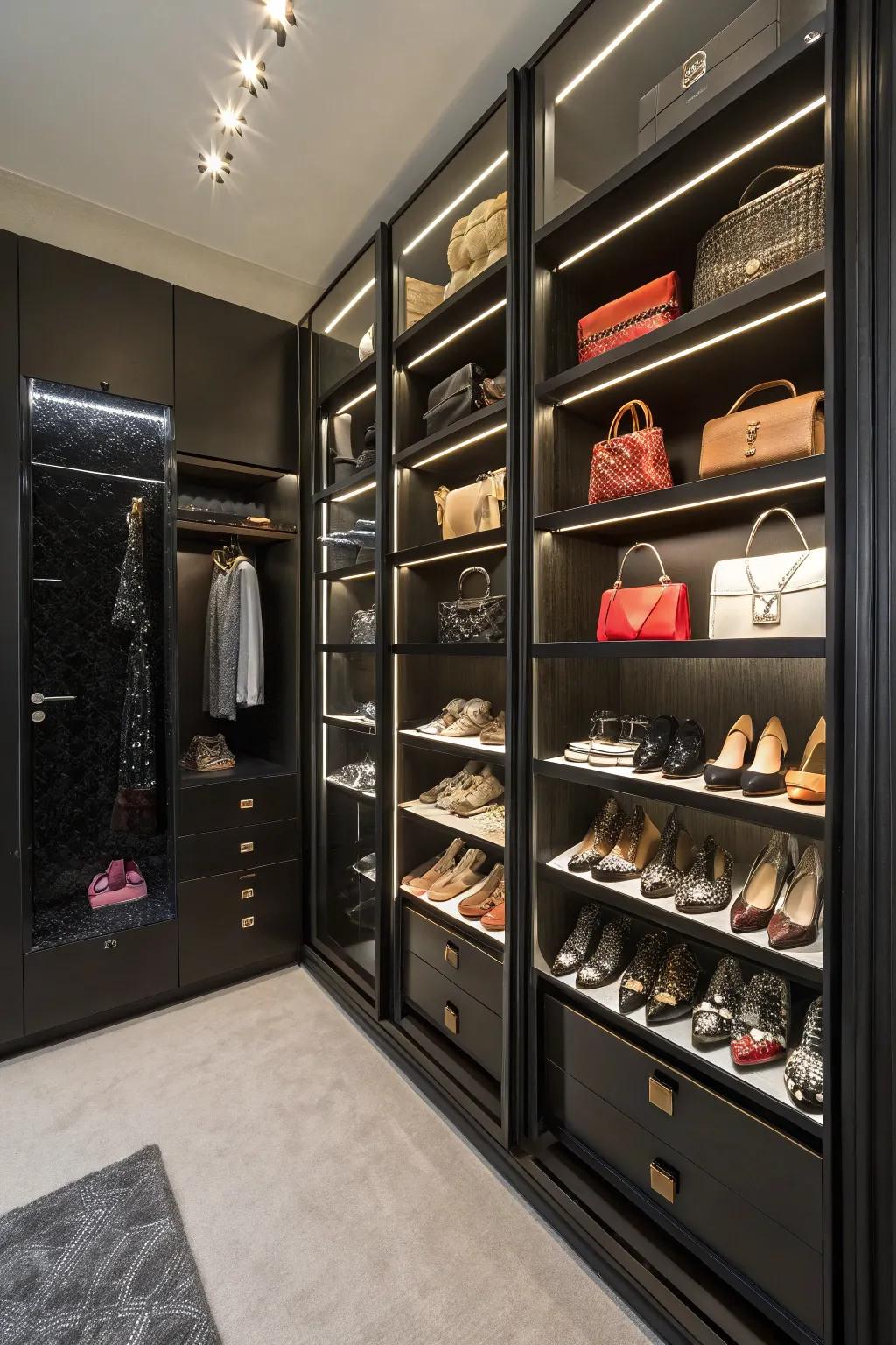 Accessories become art in this stylish and organized closet.