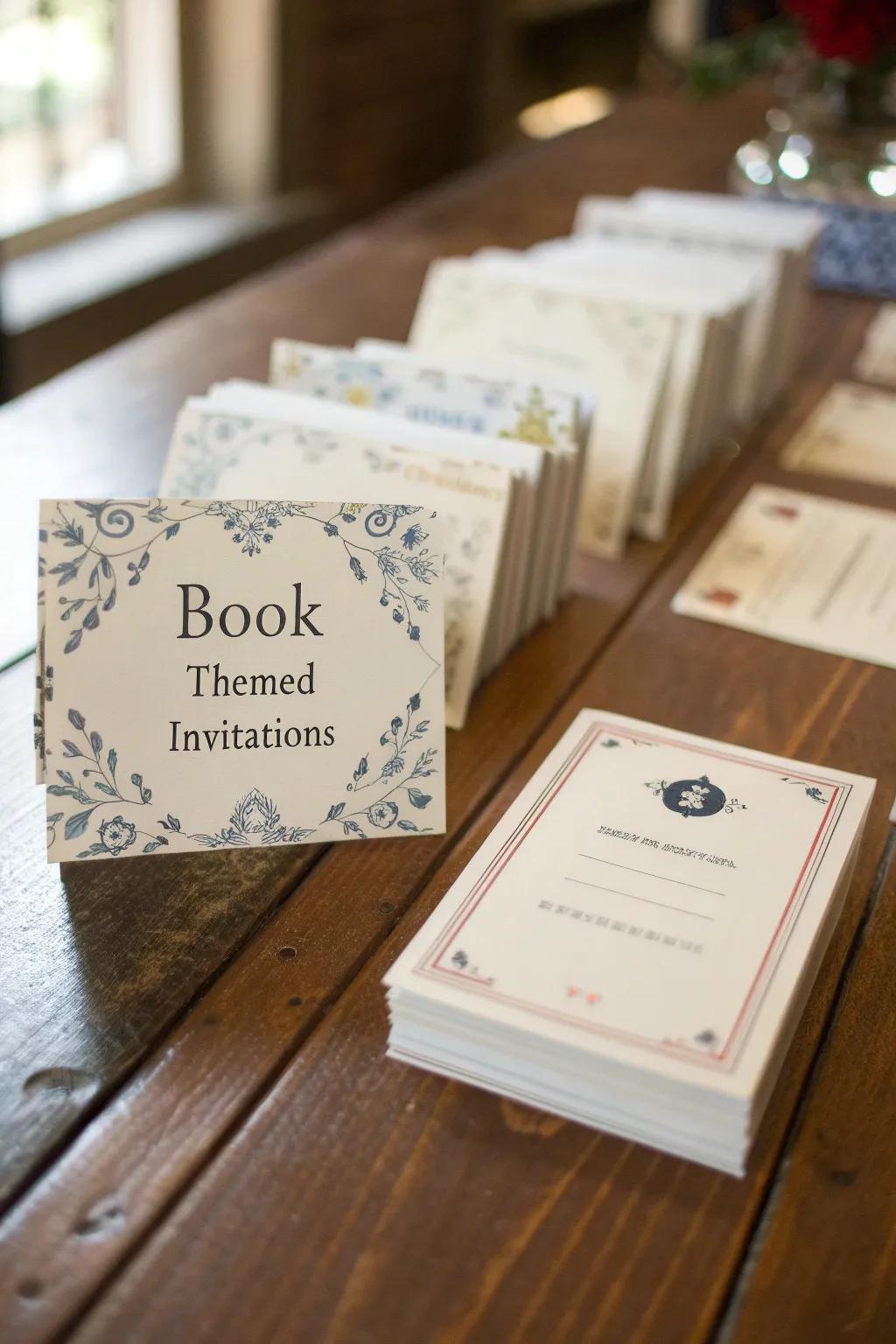 Invitations styled as library access cards for an authentic flair.