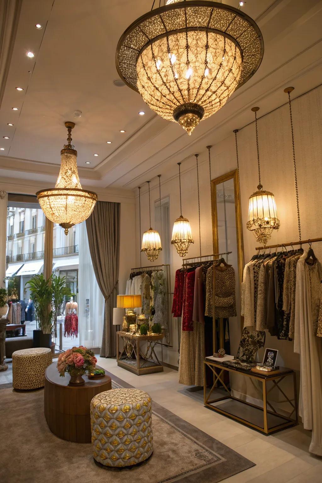 A boutique interior showcasing feature fixtures that captivate the eye and add a distinctive charm.