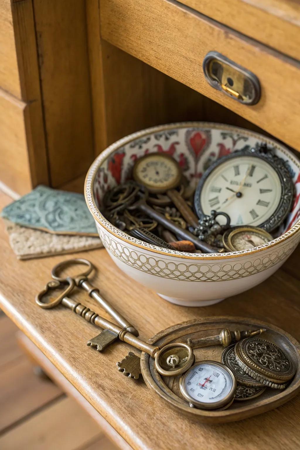 A vintage-style bowl filled with antique keys and watches for a nostalgic touch