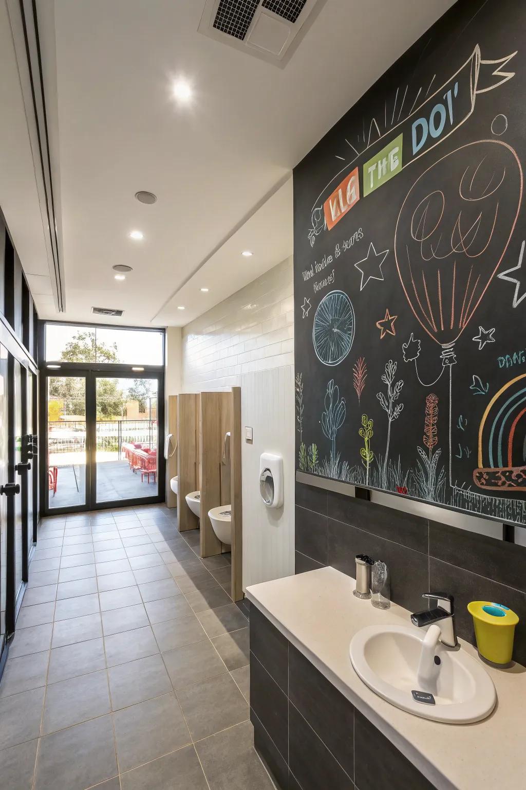 A chalkboard wall encourages creativity in a boys' bathroom.