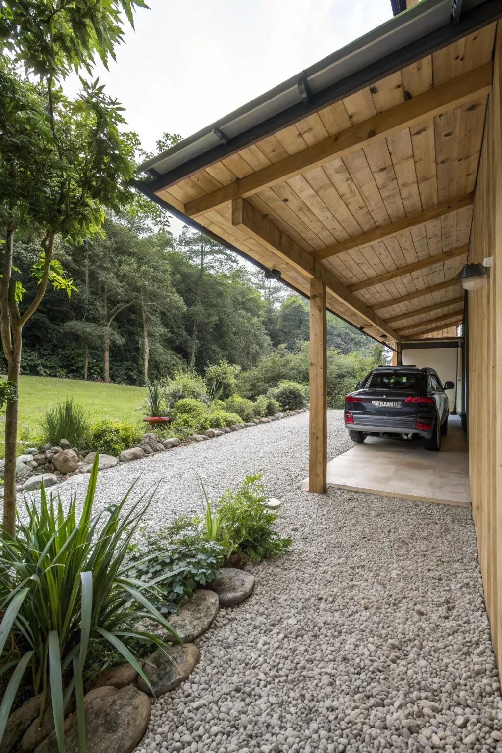 Gravel flooring delivers an eco-friendly, rustic charm.