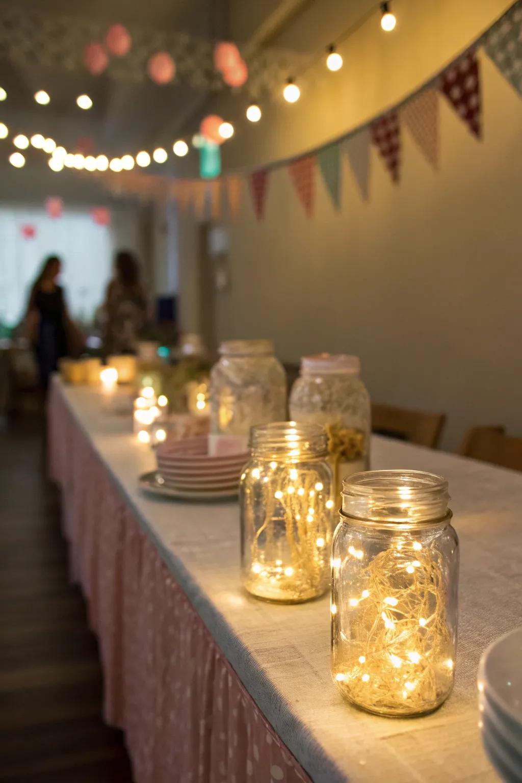 Fairy lights in mason jars create a magical atmosphere.