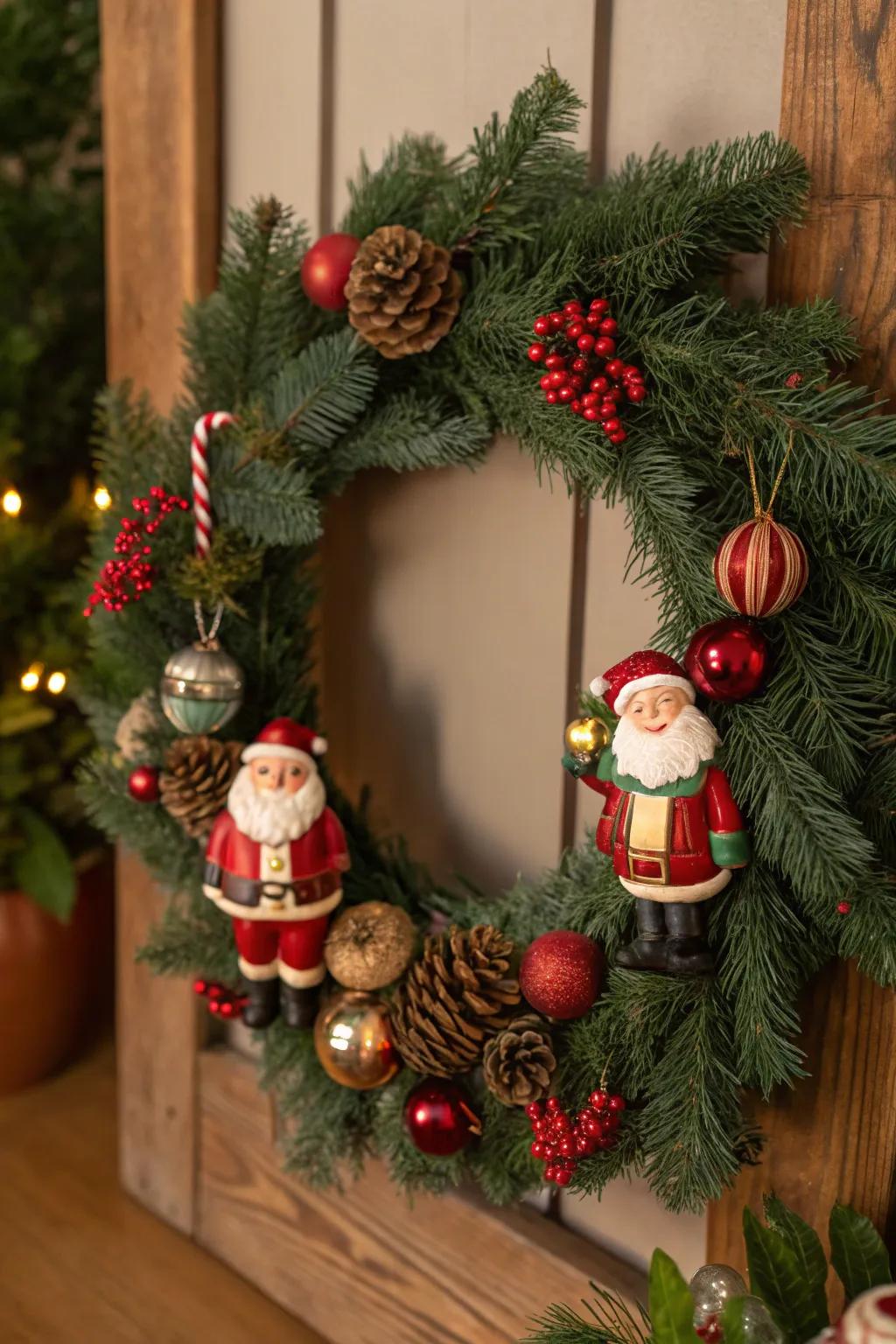 A sentimental garland featuring vintage Father Christmas statuettes and antiquated trinkets.