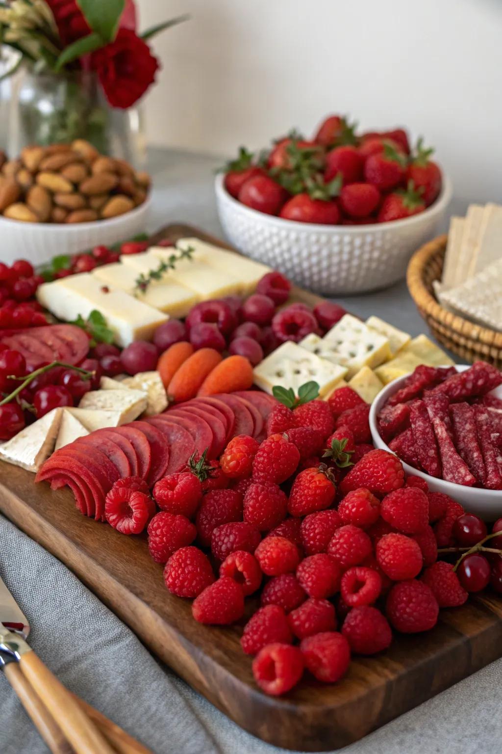 A visually striking red-themed charcuterie board.