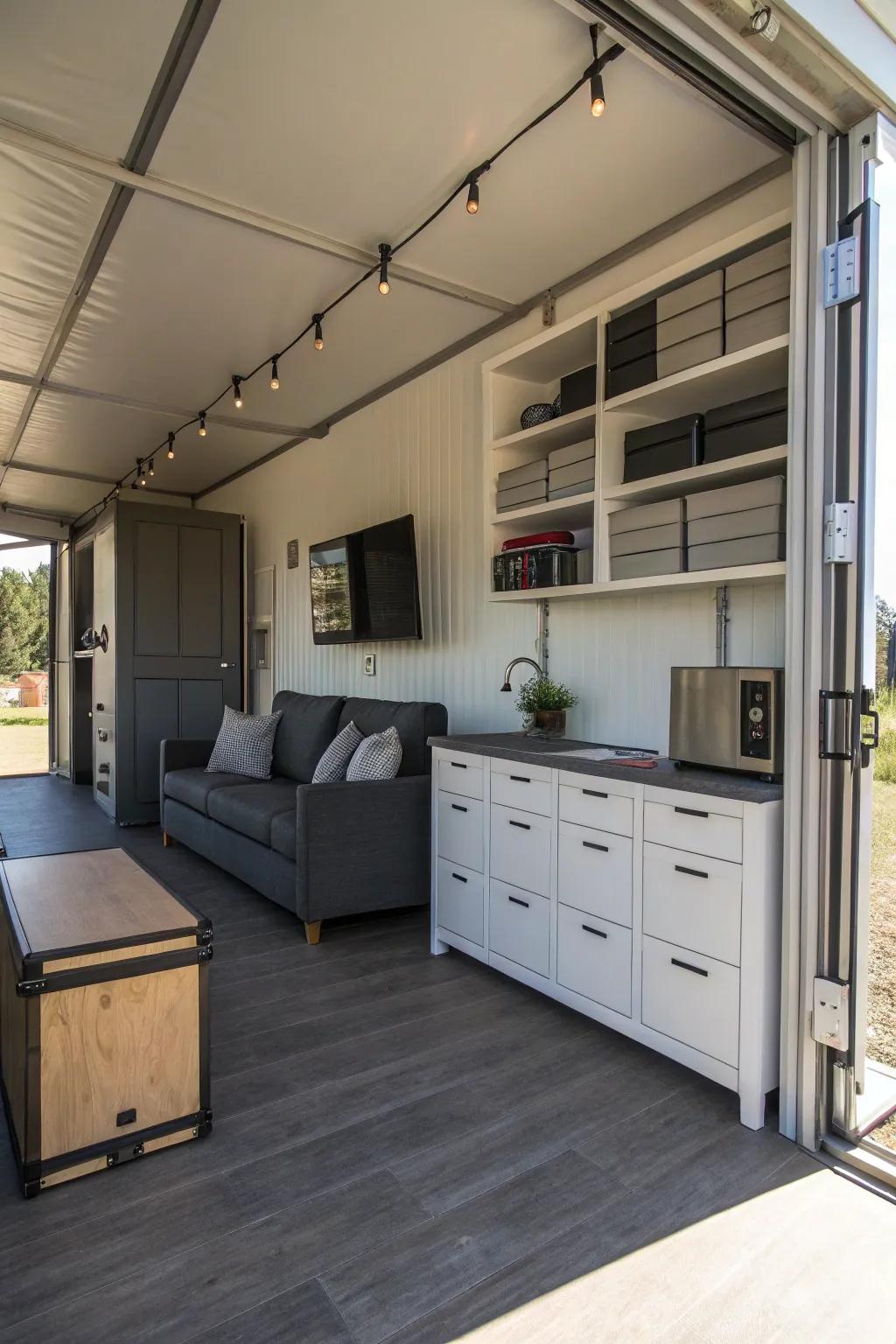 A container home with innovative use of space and multifunctional design.