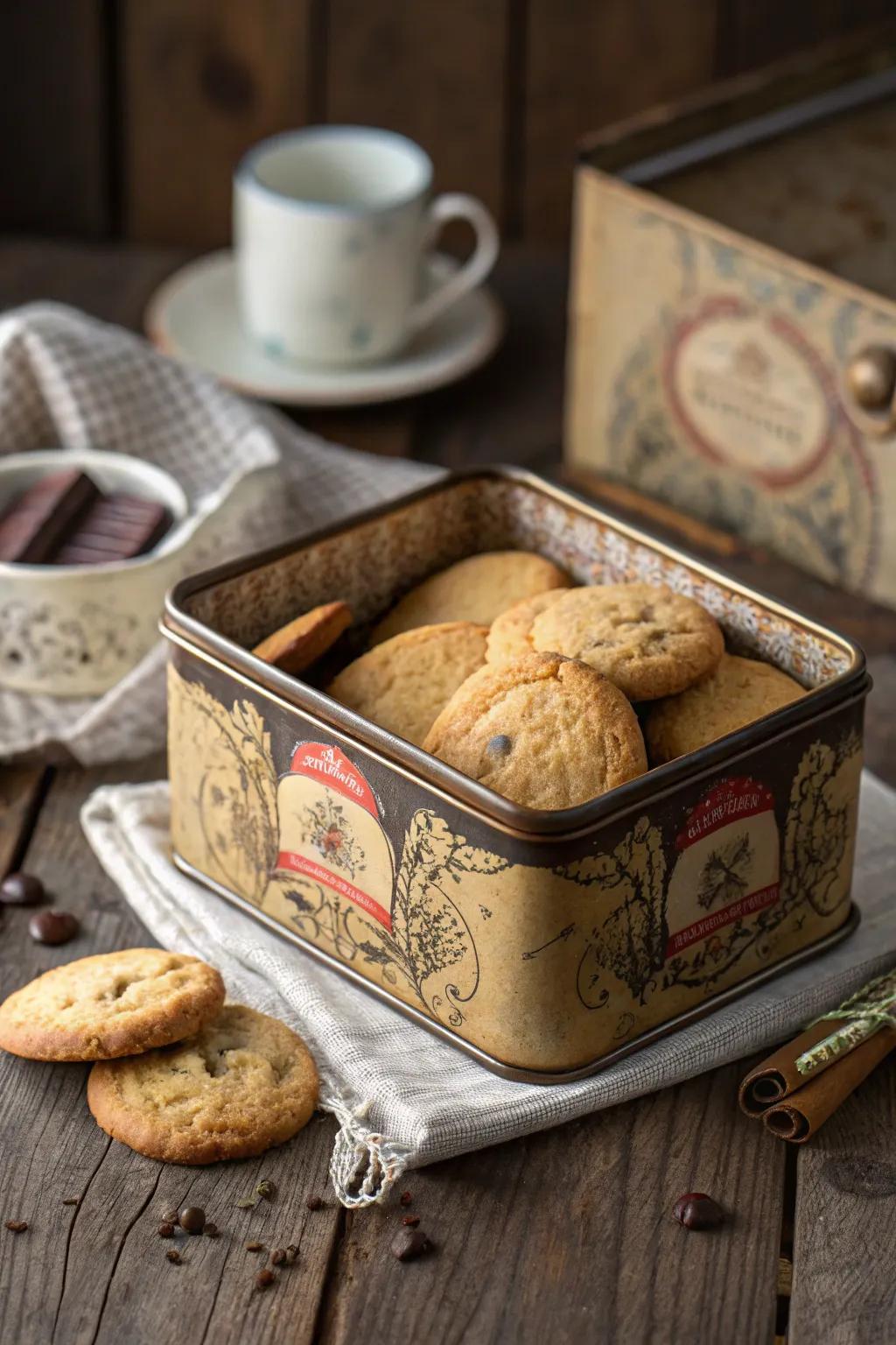 Vintage tins bring a nostalgic charm to cookie packaging.