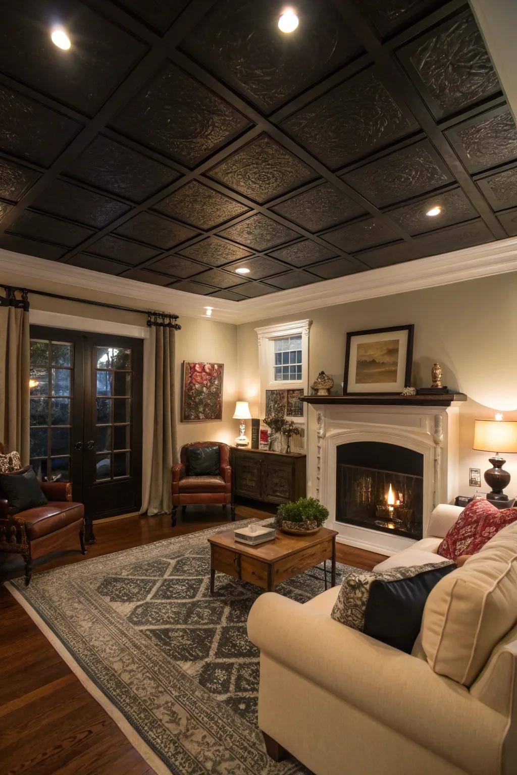 A dark ceiling creates a cozy, intimate atmosphere in high-ceilinged rooms.