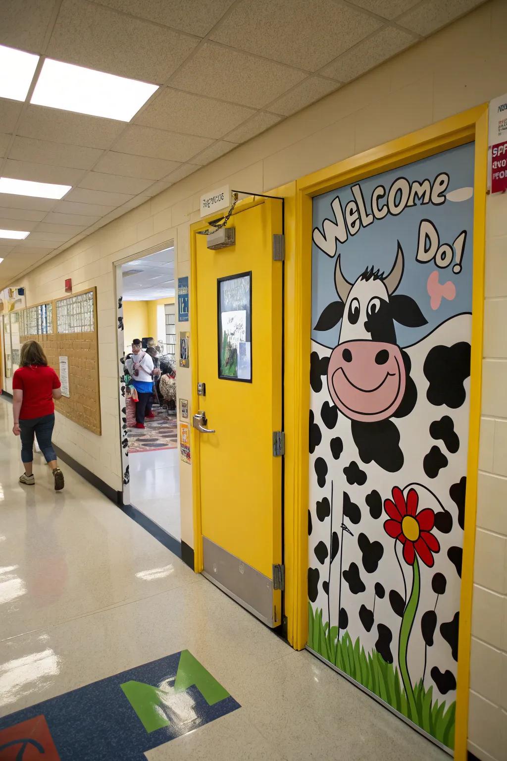 A 'Salutations from Our Mooo-velous Space' door decor