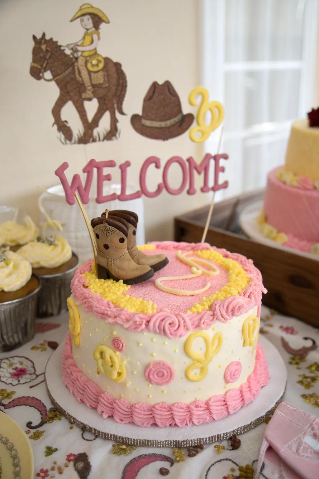 A personalized welcome message makes this cowgirl cake extra special.