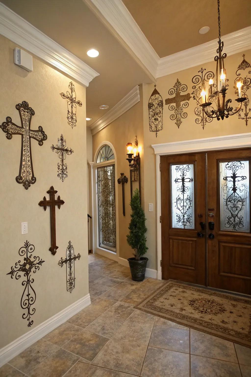 A welcoming entryway featuring cross decor.