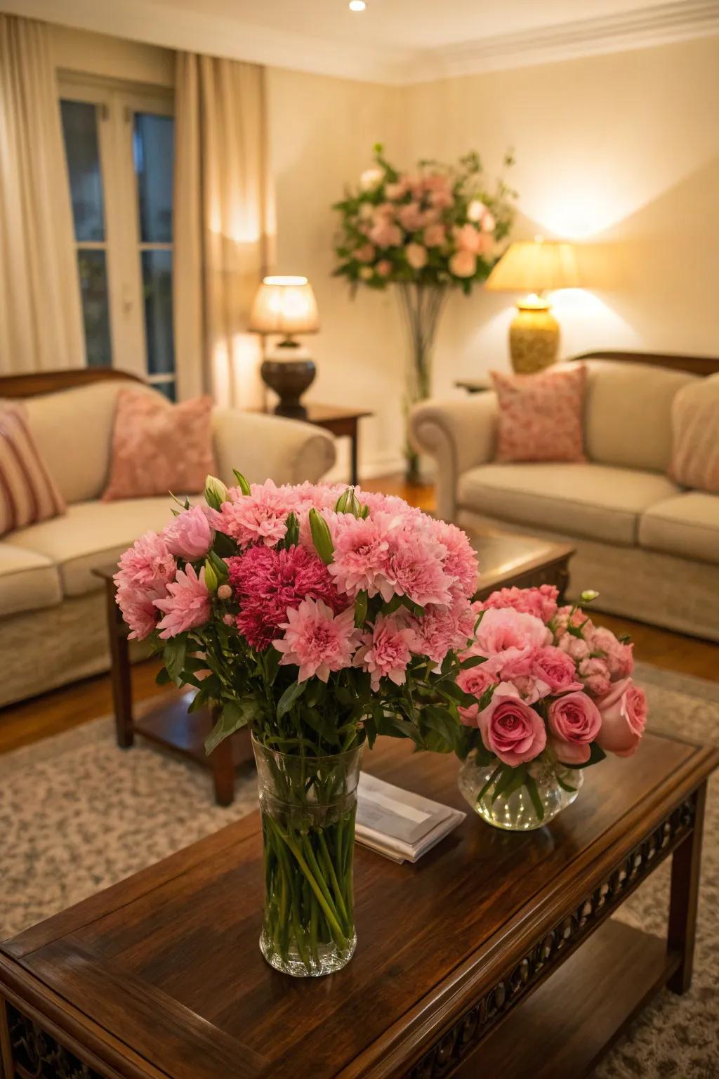 Pink floral arrangements infuse freshness and color into the room.