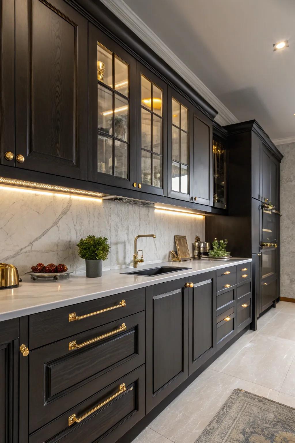 Metallic accents enhance the luxuriousness of dark kitchen cabinets.