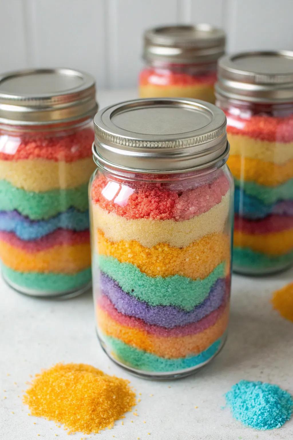 Jars filled with layers of colorful sugar to resemble sand art.