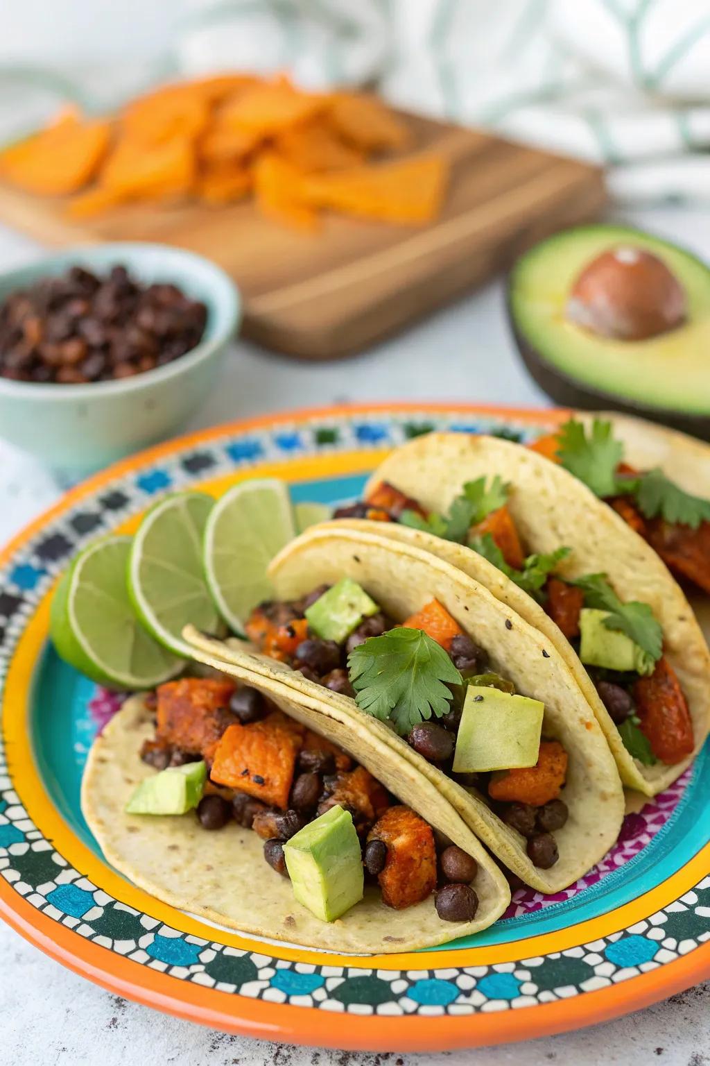 Sweet potato and black bean tacos with avocado and lime.