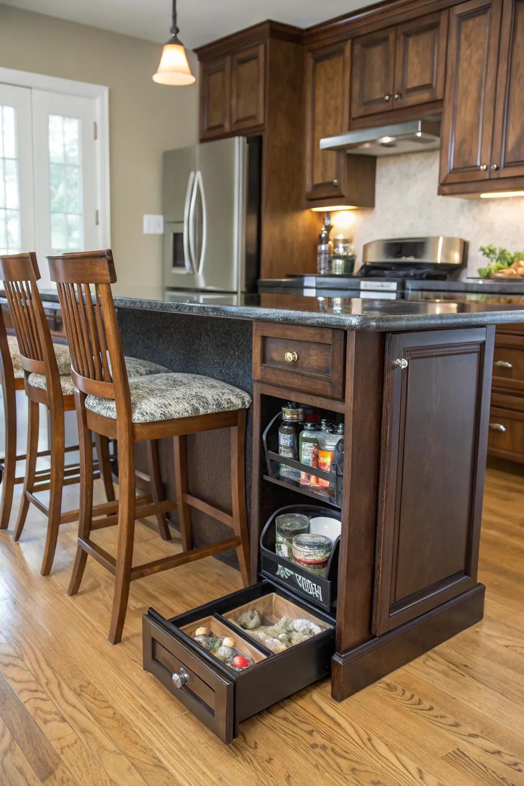 A kitchen island with hidden storage keeps dog food out of sight but easily accessible.