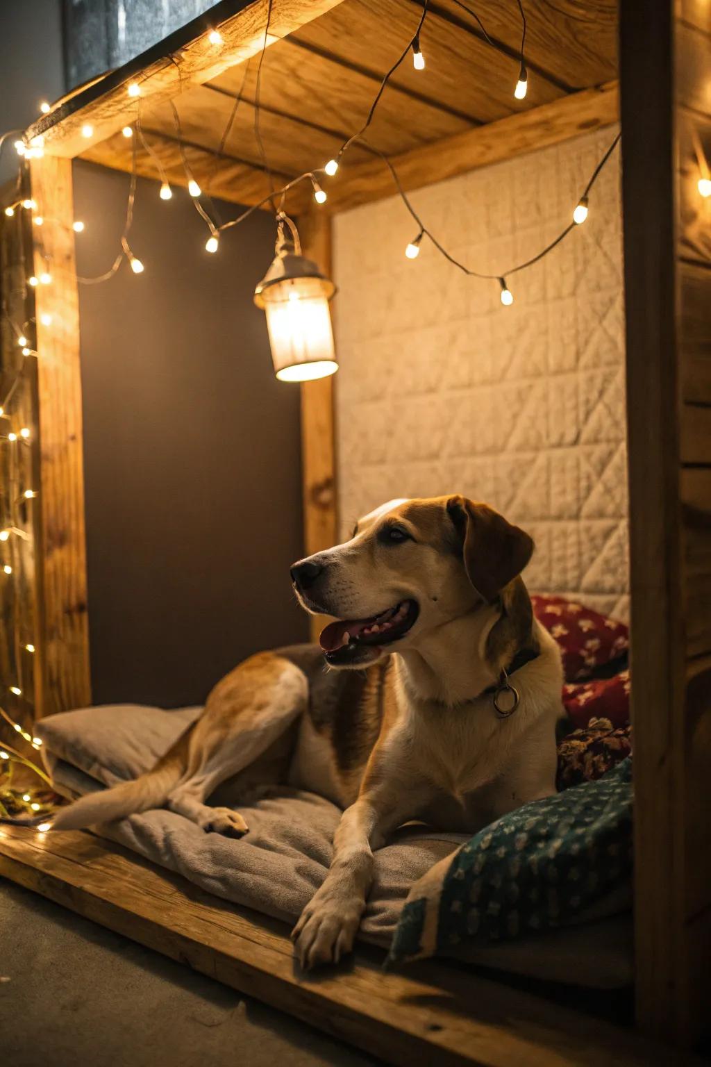 Ambient illumination with festoon lights transforms a canine nook into a warm and inviting space.