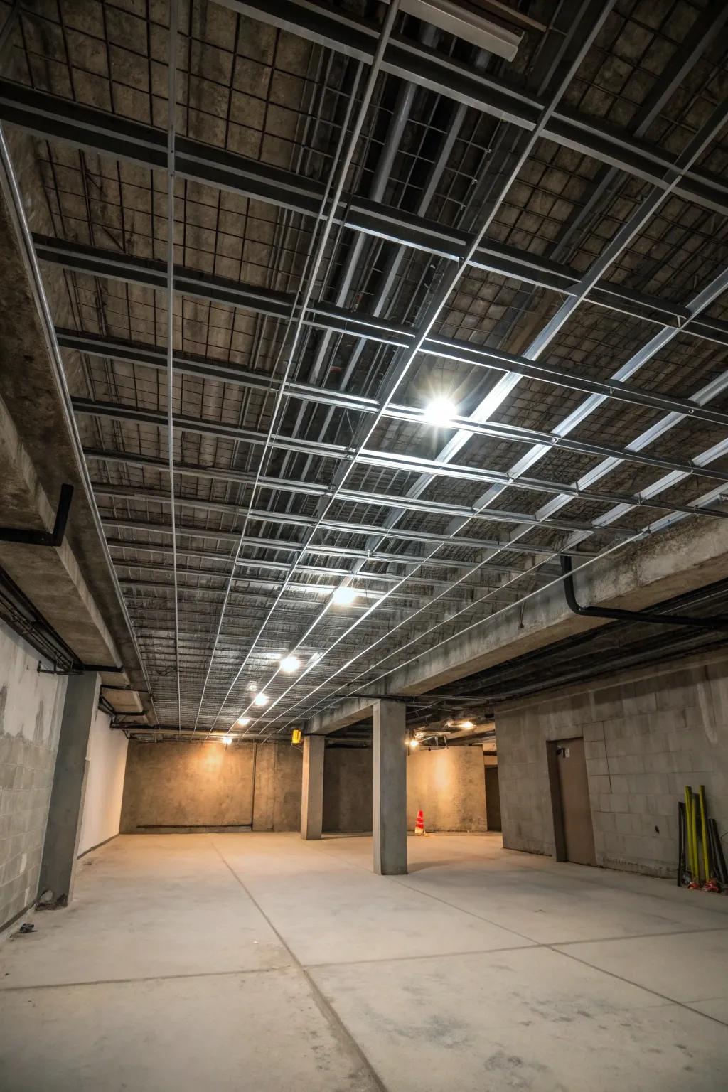 Industrial chic with metallic grid ceiling patterns.