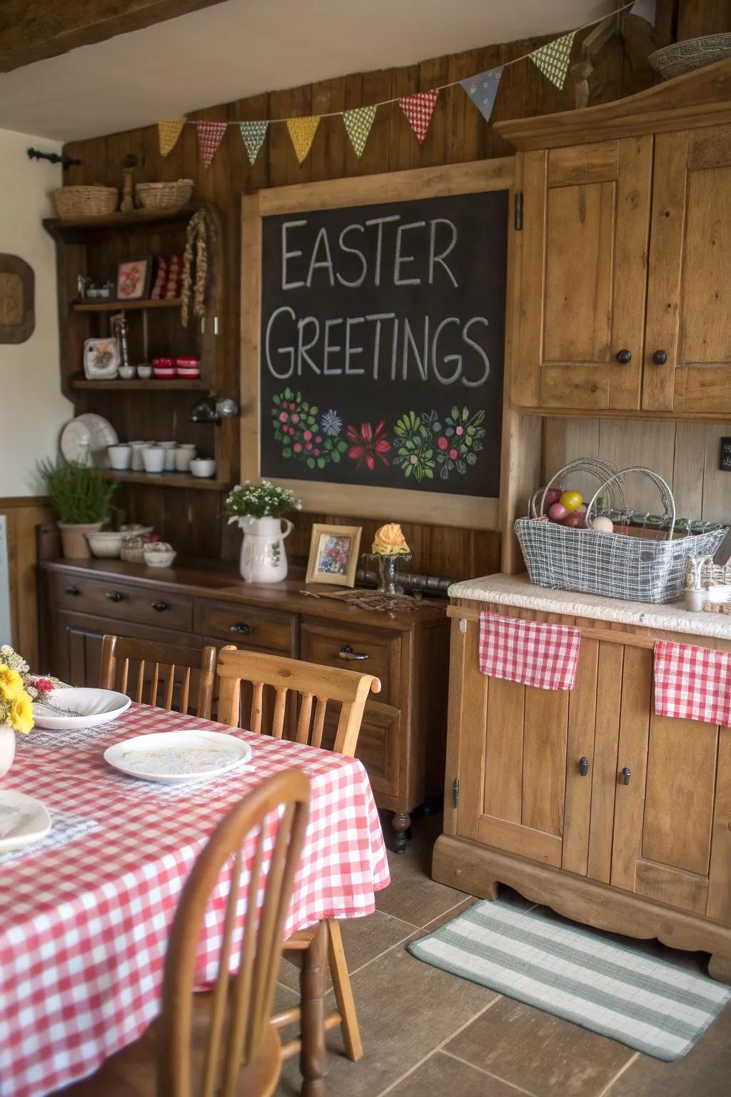 An appealing chalkboard sign welcomes attendees with Easter jubilation.