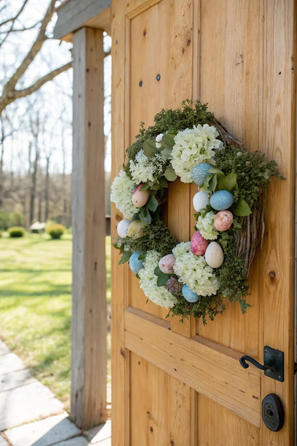 A delightful Easter wreath with hydrangeas and hidden eggs, adding surprise to your decor.