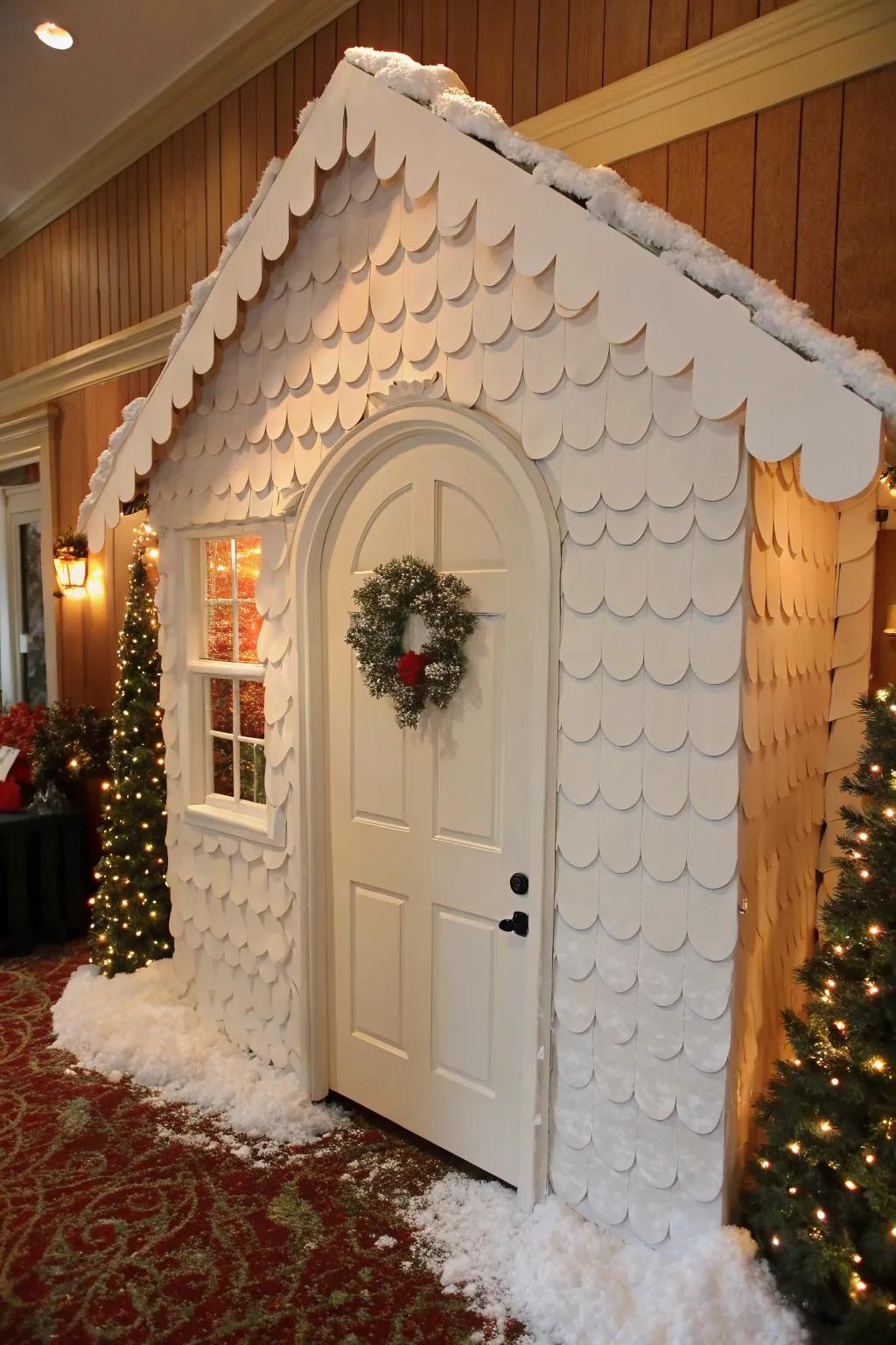 A scalloped roof effect adds an elegant snowy touch to the entrance.