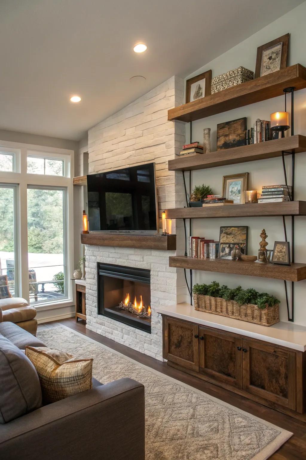 Floating shelves offer minimalist style and space for decor.