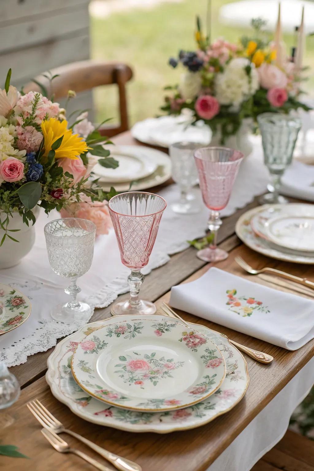 Mix-and-match vintage china creates a charming and eclectic feel.