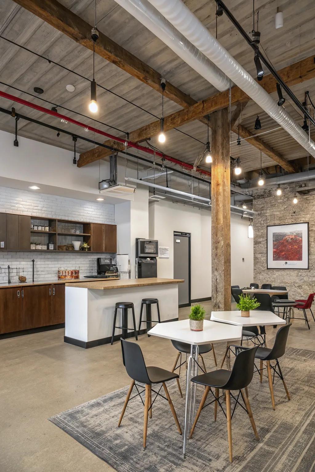 Industrial charm meets minimalism in this break room.