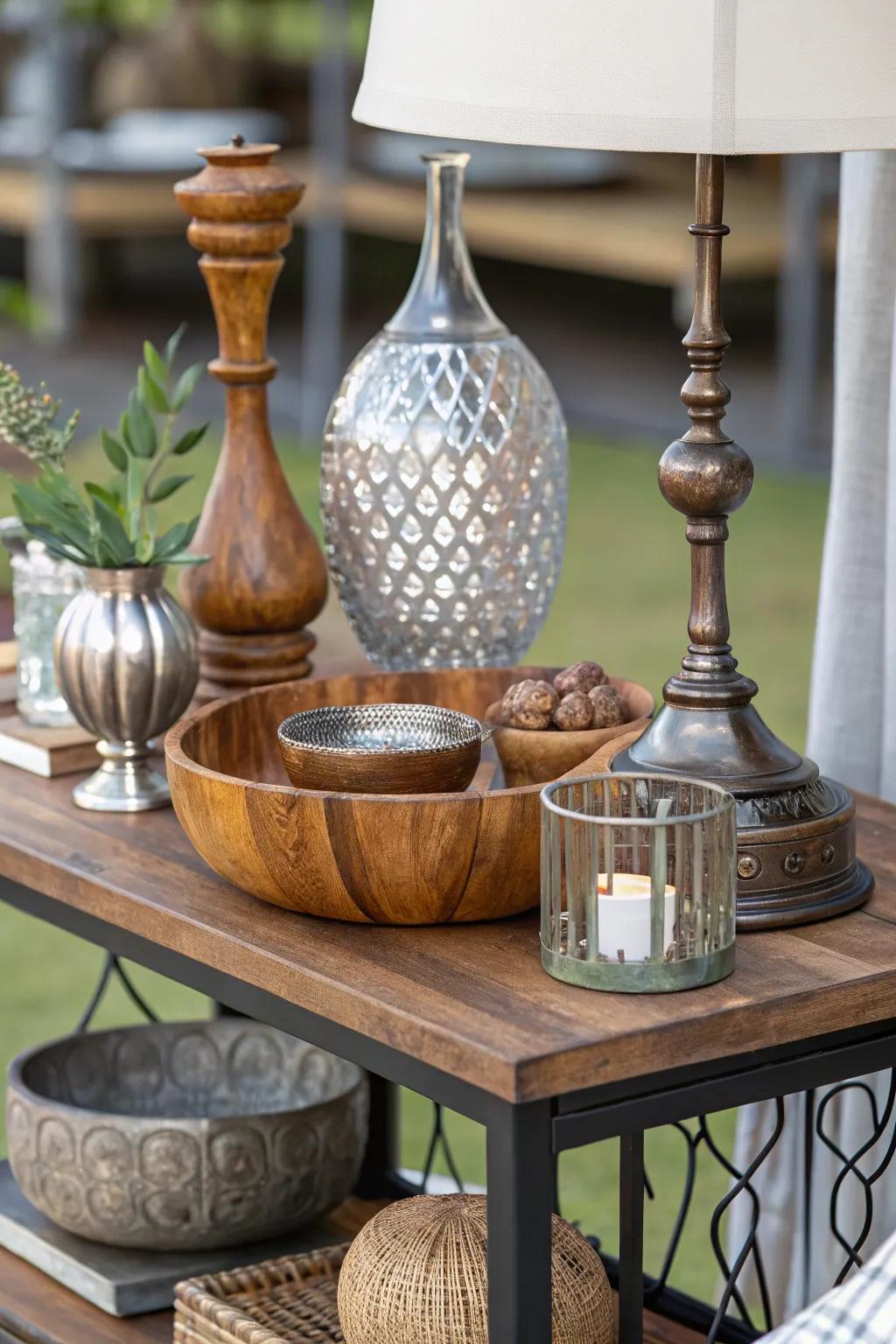 Mixed materials create texture on an end table.