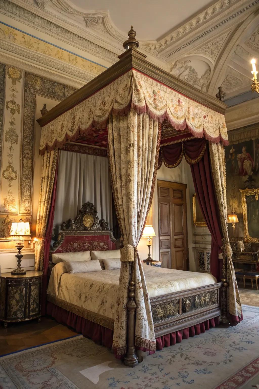 Draped beds lend drama and time-honored character.