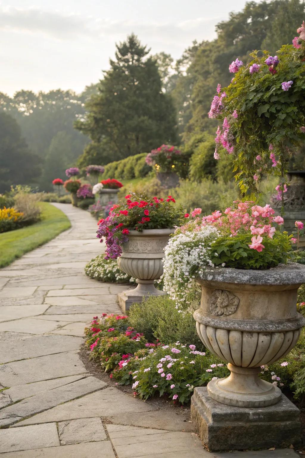 Vibrant flowers in decorative pots enhancing the garden.