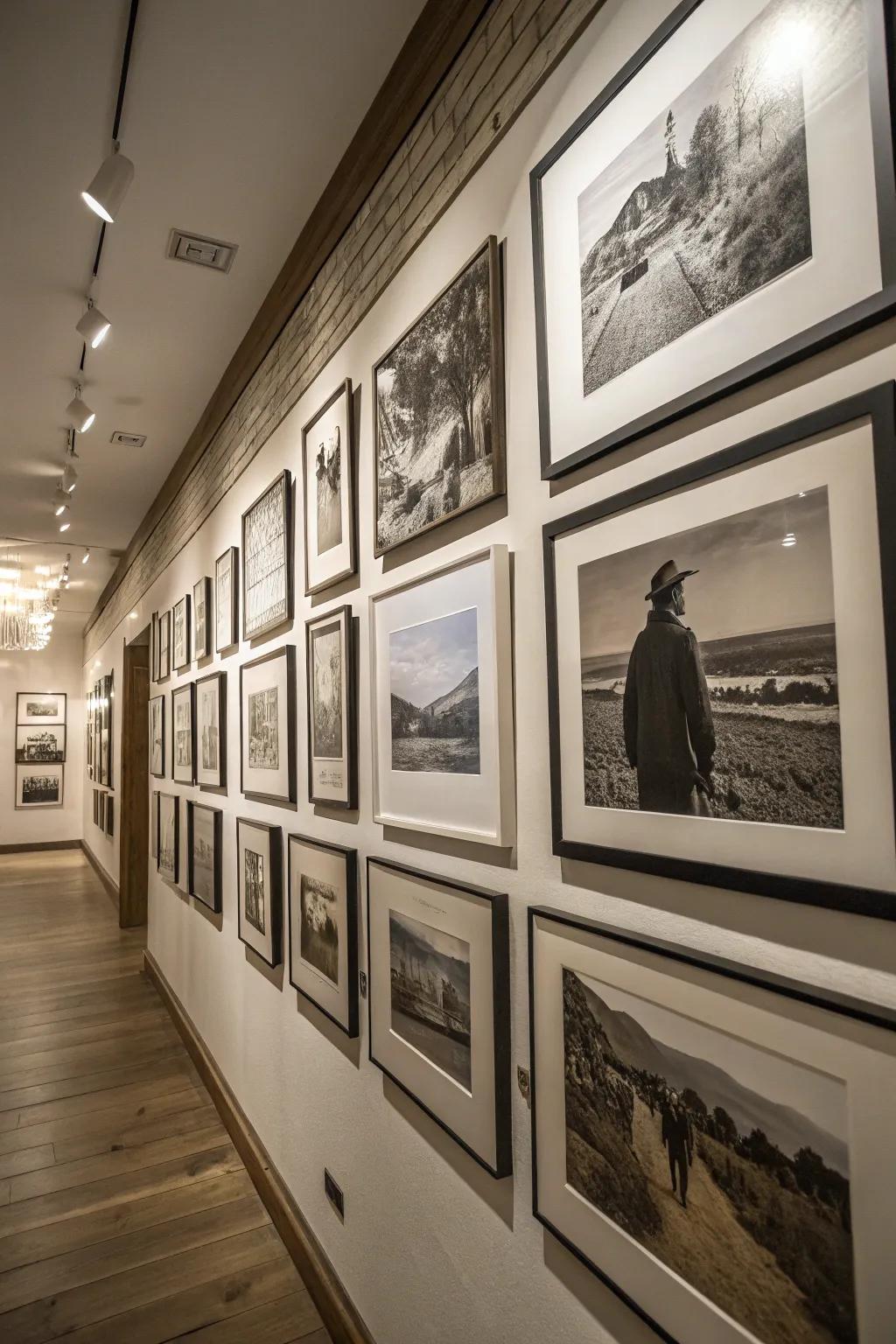 A monochrome photo wall offers a clean and sophisticated visual appeal.