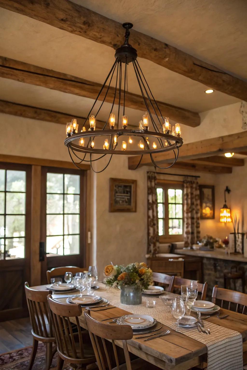 A chandelier with Edison bulbs casts a warm glow over this farmhouse dining room.